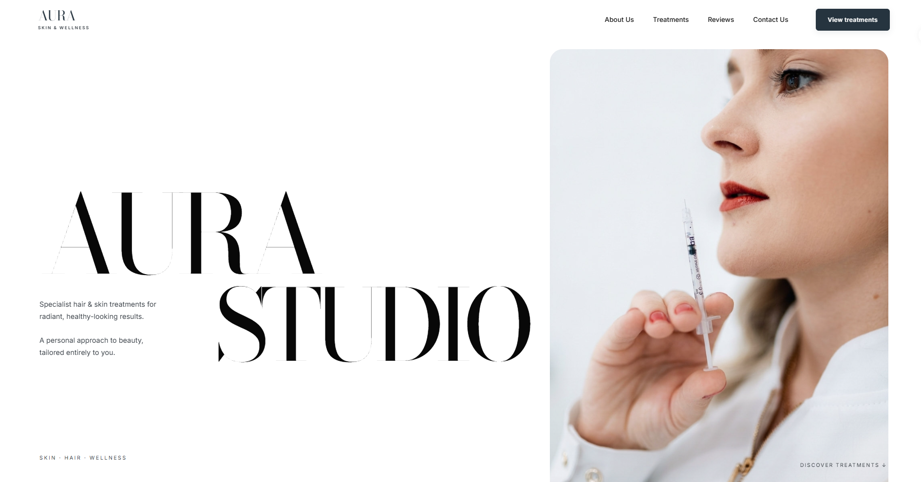 Aura Skin and Wellness demo website with large editorial typography and a portrait