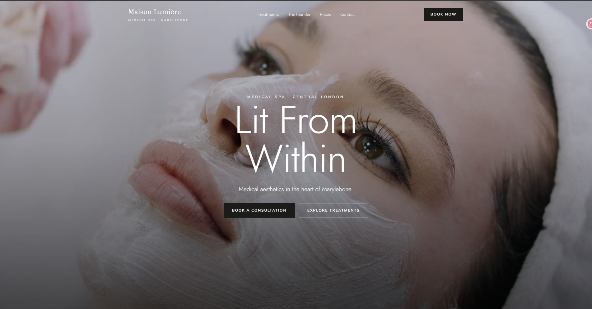 Maison Lumière medical spa demo website, showing an elegant hero with a skincare treatment photograph
